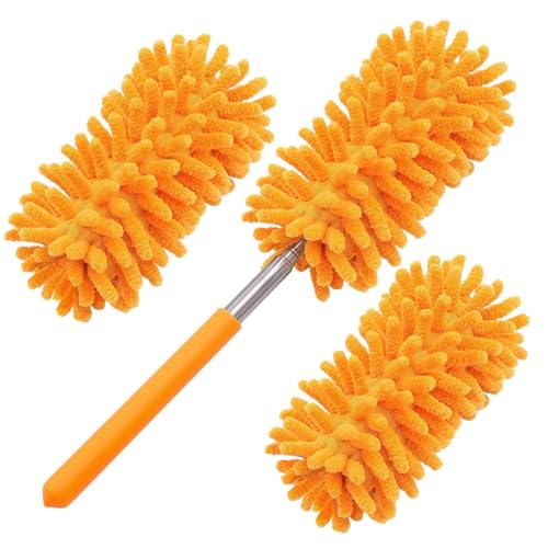 Microfiber Duster for Cleaning, GMLKRY Hand Washable Dusters with 3pcs Replaceable Microfiber Head, Extendable Pole, Detachable Cleaning Supplies for Office, Car, Window, Furniture (Orange) - color: Orange