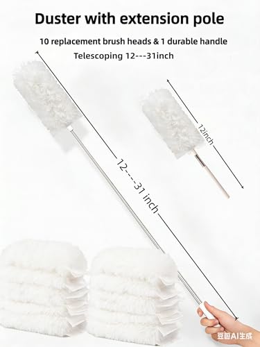 Heavy Duty Duster Refills, Disposable Dusters Kit for Cleaning Dusting Furniture Blind Ceiling Fan, Multi Surface 360 Feather Duster(10)+3FT Extended Handle（1） (White) - color: White