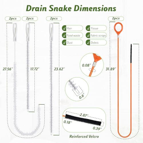 8 Pack Shower Drain Snake Set, 2 x 32" Snake Drain Hair Removal Tool, 6 × 18/24/28" Drain Cleaner Tool, Long Flexible Anti-Break Steel Plumbing Snake for Sink/Pipe/Bathroom/Toilet/Tub Drain