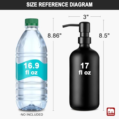 GMISUN Black Soap Dispenser, 2 Pack Matte Black Hand Soap Dispensers Bathroom with Stainless Steel Pump, 17 Fl Oz Glass Dish Soap Dispenser Set for Kitchen, Modern Liquid Soap Bottle with Labels - color: Black Bottle + Black Pump