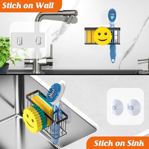 MURLONG Sponge Holder Smiley Face, Sink Organizer with 2 Suction Cups/1 Adhesive Strips, Designed for Sponge, Soap, Dish Brush, Scrubber - Black - color: Black