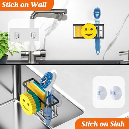 MURLONG Sponge Holder Smiley Face, Sink Organizer with 2 Suction Cups/1 Adhesive Strips, Designed for Sponge, Soap, Dish Brush, Scrubber - Black - color: Black