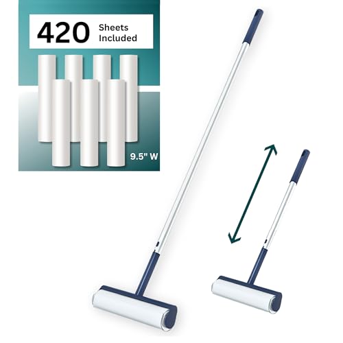 Large Lint Roller with Extra Sticky Roller and 420 Sheets 9.5" Wide, Floor Lint Roller Long Handle, Extendable to 41", Carpet, Couch, Pet Hair, Clothing Cleaning Supplies (Navy Roller + 7 Refills) - size: Navy Roller + 7 Refills