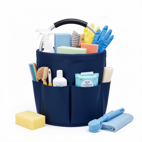 Cleaning Caddy with Handle, 17L Foldable Storage Basket, Heavy Duty 600D Oxford Cloth Organizer, Portable Supply Bag, Multi-Purpose Supplies Caddy for Home, Bathroom, Kitchen, Garden - Dark Blue - color: Dark Blue