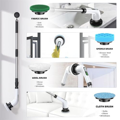Highyes Electric Spin Scrubber, Powerful 2-Speed Cleaning Brush, IPX7 Waterproof with 7 Reusable Brush Heads & Extendable Handle, for Bathroom Toilet Shower Kitchen Wall Tile Floor Grout (White)
