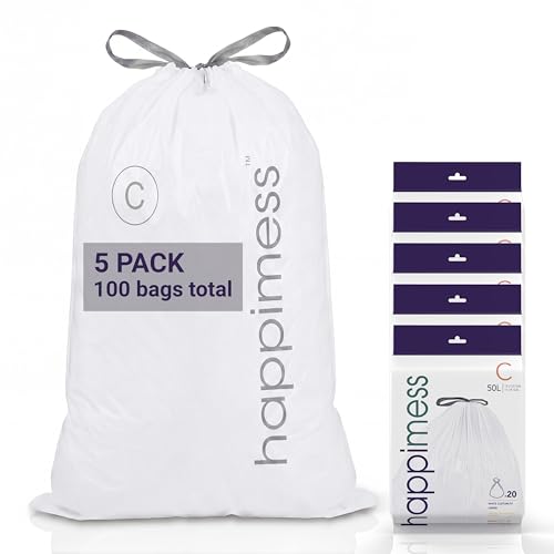 happimess 13.2 Gallon (50L) Drawstring Trash Bags, Unscented, White, Heavy Duty LDPE Liners for Kitchen and Household, Custom Fit 100 Count (5 Packs of 20 Liners) HPM3000C-W-5SET - color: White, size: 100 Count (Pack of 1)