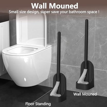 Toilet Brush and Holder Set, Silicone Toilet Brush, Golf Head Design, Long Handle, 360° Deep Cleaning, Wall Mounted with Removable Anti-Leakage Base for Bathroom Toilet Cleaning(Black) - color: Black