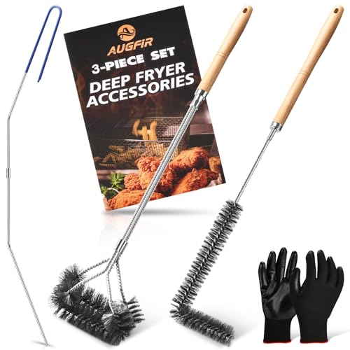 Fryer Cleaning Tools Set of 3, Stainless Steel Deep Fryer Basket Brush, Long Handle L-Shaped Crevice Cleaning Brush and Cleanout Rod Kit for Kitchen Restaurant, Electric Fryer Degreasing Scrubber Tool - style: 3 Pack