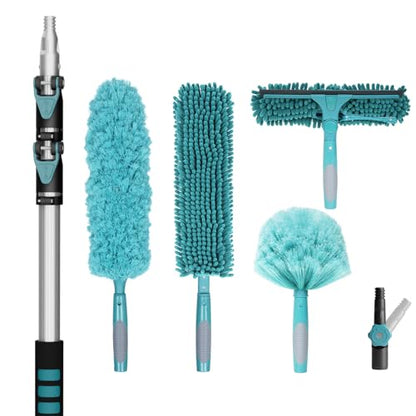 TelesPro 20 Foot High Reach Duster Kit with 5-12FT Extension Pole High Ceiling Dusting and Window Cleaning Kit with Telescopic Pole Window Washer&Squeegee,Cobweb Duster,Fan Duster and Feather Duster - size: 12 FT