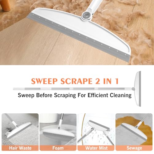 Multifunction Silicone Broom, 54 Inch Long Handle Silicone Floor Squeegee Broom, Sweep and Scrape 2 in 1 Household Cleaning Broom for Floor, Bathrooms, Kitchens, Showers, Tile, Pet Hair, Glass, White