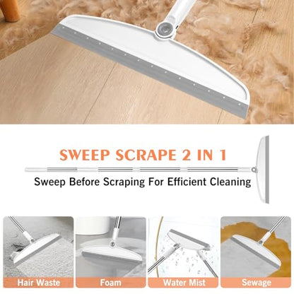 Multifunction Silicone Broom, 54 Inch Long Handle Silicone Floor Squeegee Broom, Sweep and Scrape 2 in 1 Household Cleaning Broom for Floor, Bathrooms, Kitchens, Showers, Tile, Pet Hair, Glass, White