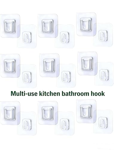 10 Pairs Clear Double-Sided Adhesive Wall Hooks - Mounted Door Hanger Kit - No Drill Sticker Hangers with Suction Cup for Bathroom, Kitchen