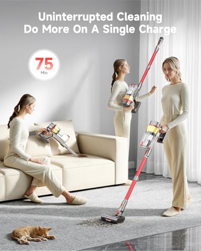 Cordless Vacuum Cleaner, 650W Powerful Suction Stick Vacuum, 75-Min Runtime & 2.5L Large Dust Cup, Anti-Tangle, Self-Standing, Lightweight Vacuum Cleaners for Home, Carpet, Hardwood Floor, Pet Hair