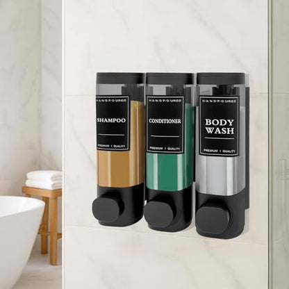 3-Chamber Wall Mount Shower Dispenser, No-Drill or Drill Install for Shampoo, Conditioner, Body Wash, Refillable Soap Dispenser for Home, RV & Hotel, Eco-Friendly & Space-Saving (Matte Black) - color: Matte Black