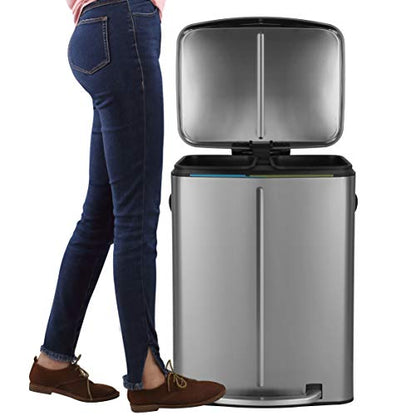 happimess HPM1005A Marco Rectangular 10.6-Gallon Double Bucket Trash Can with Soft-Close Lid, Stainless Steel, Fingerprint Resistant, Modern, Minimalistic for Home, Kitchen, Office, Bedroom, Bathroom - color: Stainless Steel