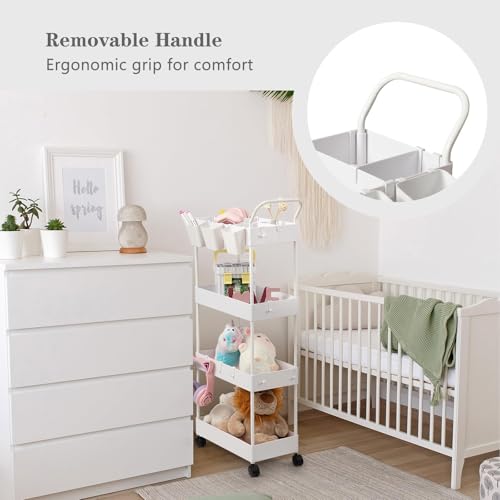 danpinera Storage Cart, 4 Tier Narrow Rolling Storage with Wheels & Dividers, Bathroom Organizer Slim Laundry Cart with Handle Hanging Cups Hooks, White - style: 4 Tier White