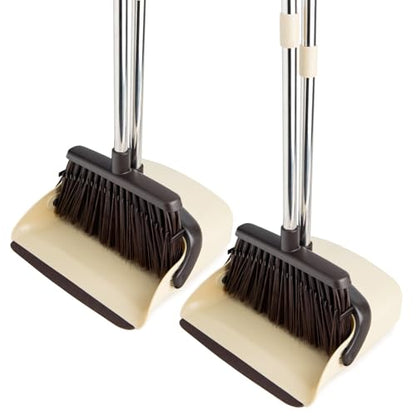 2-Pack Broom and Dustpan Set with Long Handle, Heavy Dust Broom and Dustpan Combo for Home，Kitchen, Office, Pet Hair(Beige) - color: Beige 2-pack
