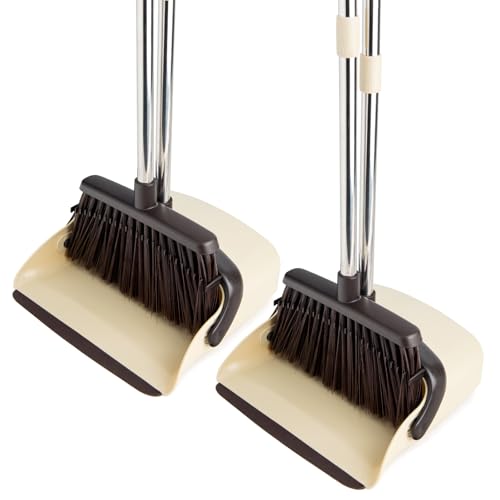 2-Pack Broom and Dustpan Set with Long Handle, Heavy Dust Broom and Dustpan Combo for Home，Kitchen, Office, Pet Hair(Beige) - color: Beige 2-pack