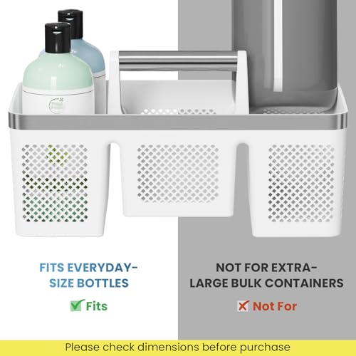 BYUNER 2Pack Plastic Shower Caddy: Portable Shower & Bathroom Caddy Tote with Handle, 4 Divided Compartments, Hard Plastic Shower Basket with All-Side Drainage for College Dorm Room Essentials - color: 2pc White/Silver