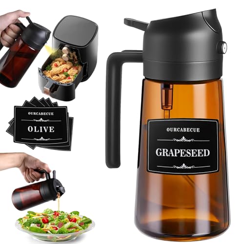 OURCABECUE 2 in 1 Olive Oil Sprayer for Cooking, 16oz/470ml Light-Blocking Dark Olive Oil Dispenser Bottle for Kitchen, Food-Grade Glass Oil Mister with 8 Oil Stickers - color: Dark Brown