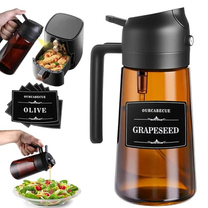 OURCABECUE 2 in 1 Olive Oil Sprayer for Cooking, 16oz/470ml Light-Blocking Dark Olive Oil Dispenser Bottle for Kitchen, Food-Grade Glass Oil Mister with 8 Oil Stickers - color: Dark Brown