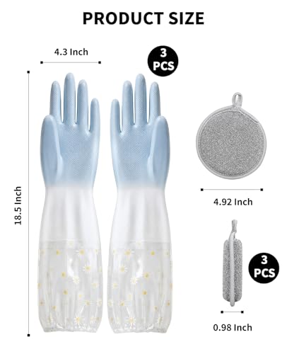 3PCS Dishwashing Cleaning Gloves + 3PCS Wire Dish Rags Set - Long Cuff Reusable Rubber Gloves & Non-Scratch for Kitchen, Cleaning, Gardening - Waterproof, Tear-Resistant