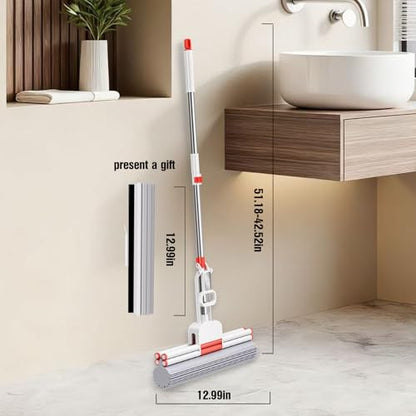 PVA Sponge Mop with 1 Extra 13-inch Sponge Head, Double-Row Roller ,Stainless Steel Rod Floor Mop, Highly Absorbent for Hard FloorsBathrooms, Kitchens, Garages, and Pet Areas - size: 13 inch