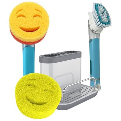 The Original Smiling Sponge Handle Soap Dispensing Handle by Smilyeez for the Smiling Sponge with Smilyeez Caddy & Dishwand with 2 Scrub Brushes (Light Blue) - style: Light Blue With Brush Dishwand