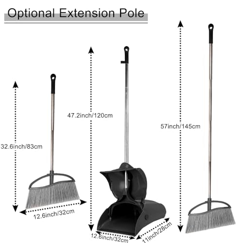 Long Handle Heavy Duty Broom and Dustpan Set, Outdoor and Commercial Upright Dustpan and Brush for Restaurant Garage Garden Yard Office,Black - color: Black