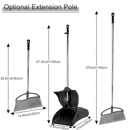 Long Handle Heavy Duty Broom and Dustpan Set, Outdoor and Commercial Upright Dustpan and Brush for Restaurant Garage Garden Yard Office,Black - color: Black