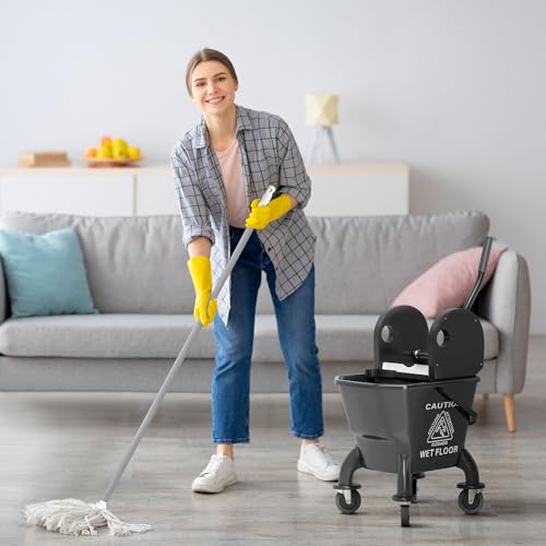 27.5qt Durable Mop Bucket Featuring Down Press Wringer on 360-Degree Swivel Bearings and Enhanced Adjustable Handle Black