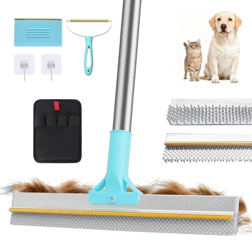 Lazyfeel Pet Hair Remover for Carpet & Upholstery, Adjustable Handle | Double-Sided Rubber Carpet Rake for Dog & Cat Fur. 4-Piece Kit: Rake, Mini Brush, Gap Scraper, Grooming Glove. Reusable.