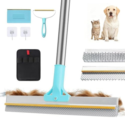Lazyfeel Pet Hair Remover for Carpet & Upholstery, Adjustable Handle | Double-Sided Rubber Carpet Rake for Dog & Cat Fur. 4-Piece Kit: Rake, Mini Brush, Gap Scraper, Grooming Glove. Reusable.