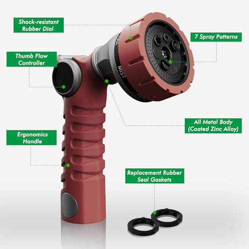 RESTMO Heavy Duty Hose Nozzle, Metal Garden Water Hose Sprayer with 7 Watering Patterns, Thumb Control, On Off Valve, High Pressure Nozzle Sprayer for Watering Plants, Car and Pet Washing, Red - color: Red