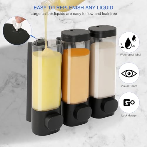 Shower Soap Dispenser Wall Mounted Shampoo and Conditioner Dispenser No Drill 3 Chamber Large Capacity for Bathroom Hotel, Black - color: Black