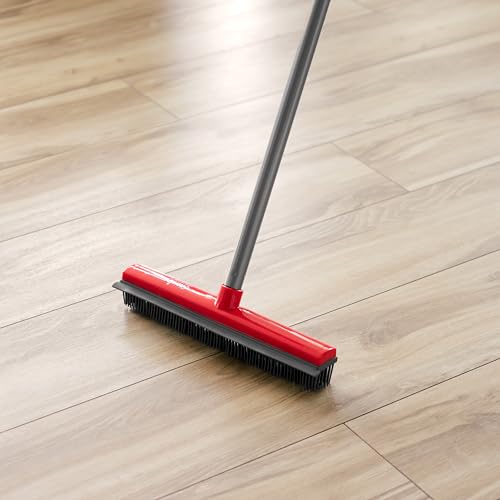 Stanley Home Products Rubber Broom with Adjustable Handle – for Carpets Floors Stairs Upholstery – Electrostatic Action Removes Pet Hair Lint Fuzz Dirt – Built-in Squeegee Tackles Wet Messes