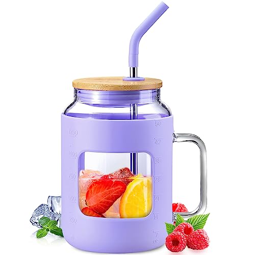 WINSA 50 oz Glass Water Bottles with Silicone Sleeve,Glass Tumbler with Lid and Straw,Iced Coffee Cup with Handle,BPA Free-Purple - color: Purple