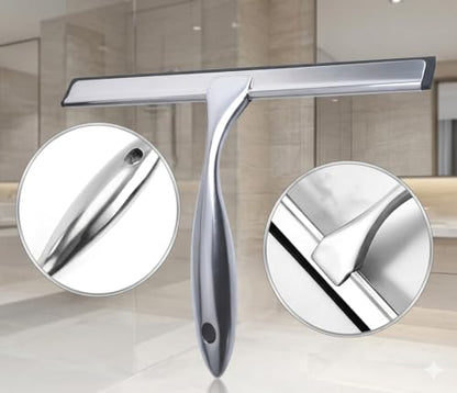 Shower Squeegee for Glass Doors - Stainless Steel Window Squeegee with Adhesive Hook, Streak-Free Silicone Blade for Bathroom Mirror, Tile, and Window