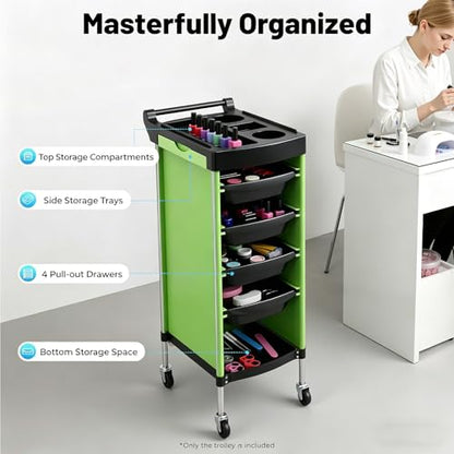 Salon Trolley Cart with Wheels, 6-Tier Beauty S-alon Cart with 4 Drawers, Space-Saving Rolling Salon Versatile Utility Cart, Open Top Floor, 110.23lbs Load-Bearing, Retractable Trays (Green+Black) - color: Green+black