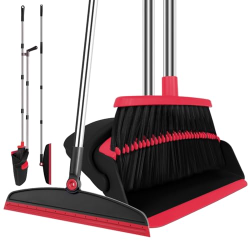 Broom with Dustpan Combo Set and Silicone Air Broom Kit, 51" Long Handle Floor Squeegee, Red Household Kit for Glass Window Rugs Pet Hair Home - color: Red