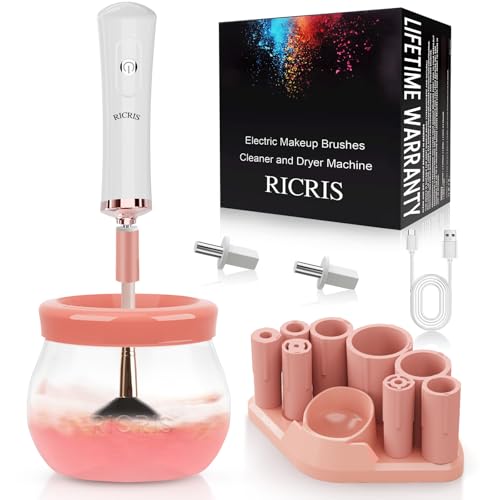 RICRIS Electric Makeup Brush Cleaner and Dryer Machine - Super Fast Clean and Dry Make Up Brushes - Automatic Cosmetic Brush Spinner Washer Tools - color: White-Peach