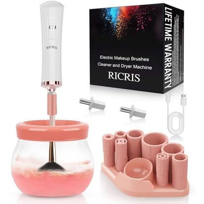 RICRIS Electric Makeup Brush Cleaner and Dryer Machine - Super Fast Clean and Dry Make Up Brushes - Automatic Cosmetic Brush Spinner Washer Tools - color: White-Peach