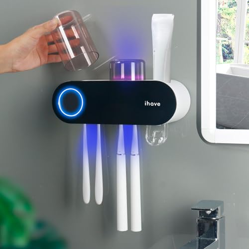 iHave Toothbrush Holders for Bathrooms, UV Toothbrush Sanitizer and Holder Smart Home Bathroom Accessories, 2 Cups Electric Toothbrush Holder Wall Mounted with Toothpaste Dispenser Bathroom Decor - color: Uv Black 2 Cups