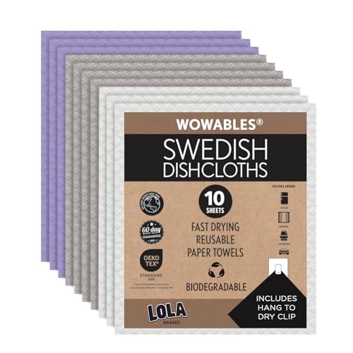 LOLA Swedish Dishcloths for Kitchen 10 Sheets, Biodegradable & Compostable Reusable Paper Towel Cleaning Cloths No Odor Washing Dishes Ultra Absorbent Cellulose Sponge Towel Made in Germany - color: 4 Gray / 3 Natural / 3 Wild Violet, size: 10 Sheets