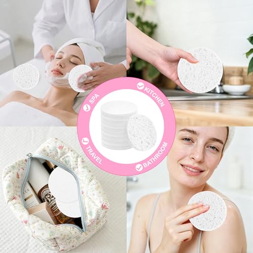 3.15in Large Compressed Facial Sponges 60 Pcs, 100% Natural Cellulose Face Sponges for Cleansing, Gentle Exfoliating, Makeup & Mask Removal, Spa Skincare, Travel Essentials for Women (White, Reusable) - color: White