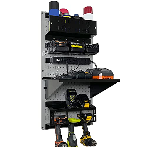 Wall Control Power Tool Storage Organizer Kit Cordless Drill Holder Charging Station Rack 16” x 32” Metal Pegboard Organization System (Grey Pegboard) - color: Grey Pegboard