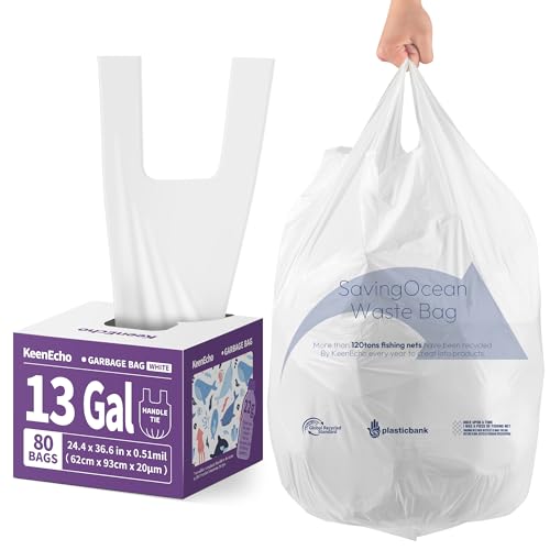 Small Trash Bags with Handles - Ocean Plastic Upcycling - Plastic Garbage Bags, Can Bin & Waste Basket Liner for Kitchen, Bathroom, Office and Pets,13 Gallon 80 Count White - color: 13Gal White, size: 1 DISPENSER BOX