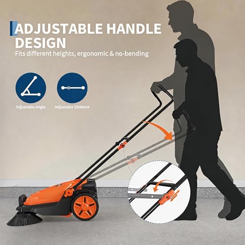 25.6 Inch Manual Push Floor Sweeper, Walk-Behind Hand Push Sweeper with 5-Gallon Bin, Adjustable Folding Handle for Garage, Workshop, Driveway, Patio