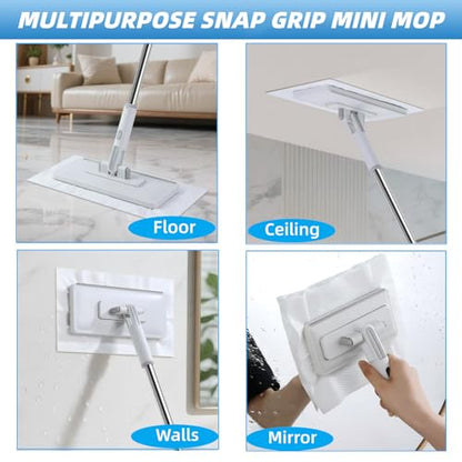 4 in 1 Disposable Dust Mop with Squeegee & Floor Scrub Brush with Long Handle, 2 Shiny Towels Wipes Cleaning Cloths, 2 Crevice Brush, Snap Grip Mini Mop for Windows Car Glass Floor Shower Bathroom