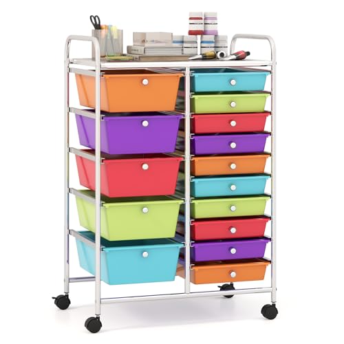 Giantex 15-Drawer Organizer Cart Office School Storage Cart Rolling Drawer Cart for Tools, Scrapbook, Paper (Multicolor) - color: Multicolor, size: 15 Drawer-25"x14.5"x34.5"